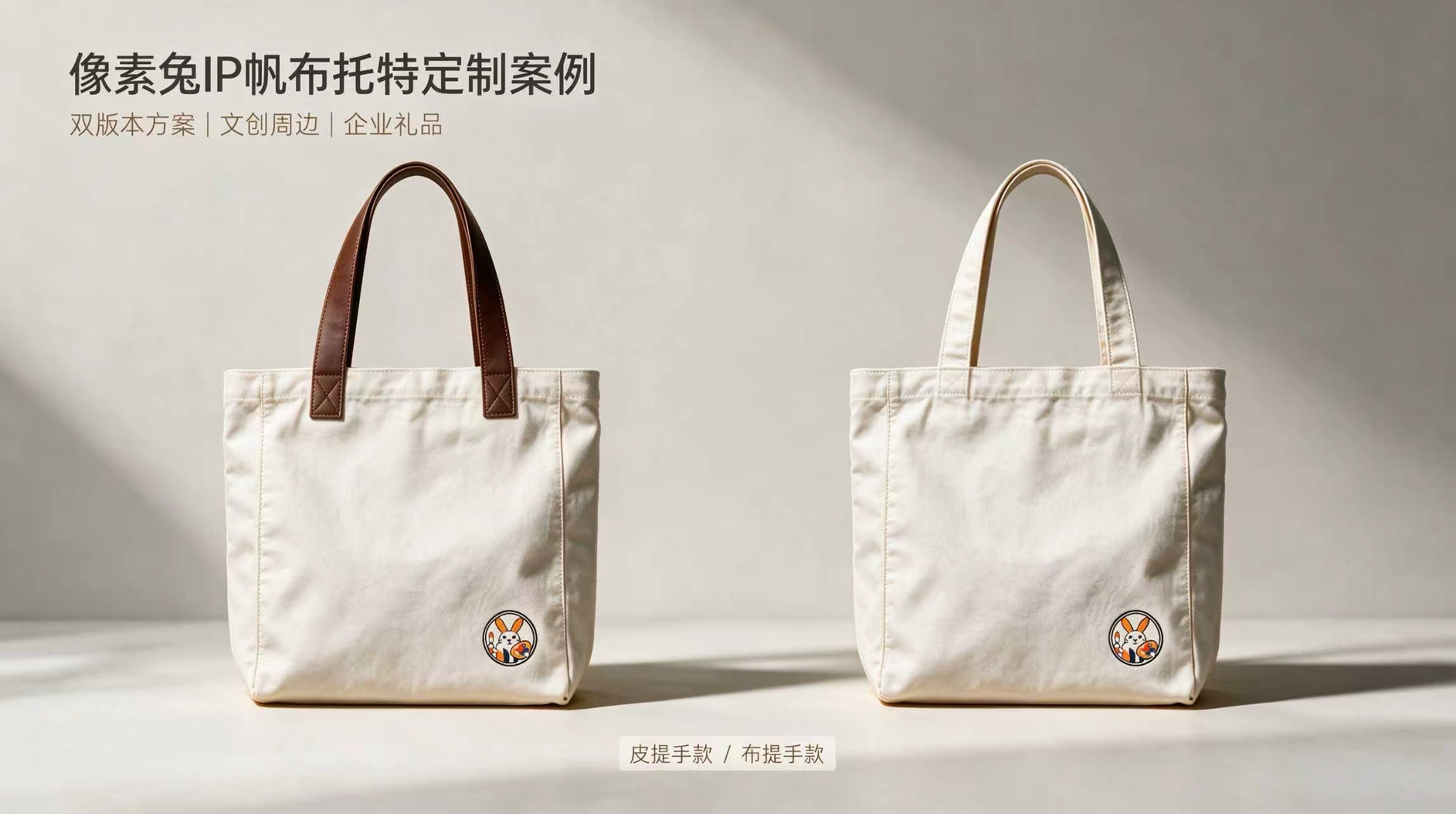 像素兔IP定制帆布托特包双款式对比:PU皮提手款和同色帆布提手款