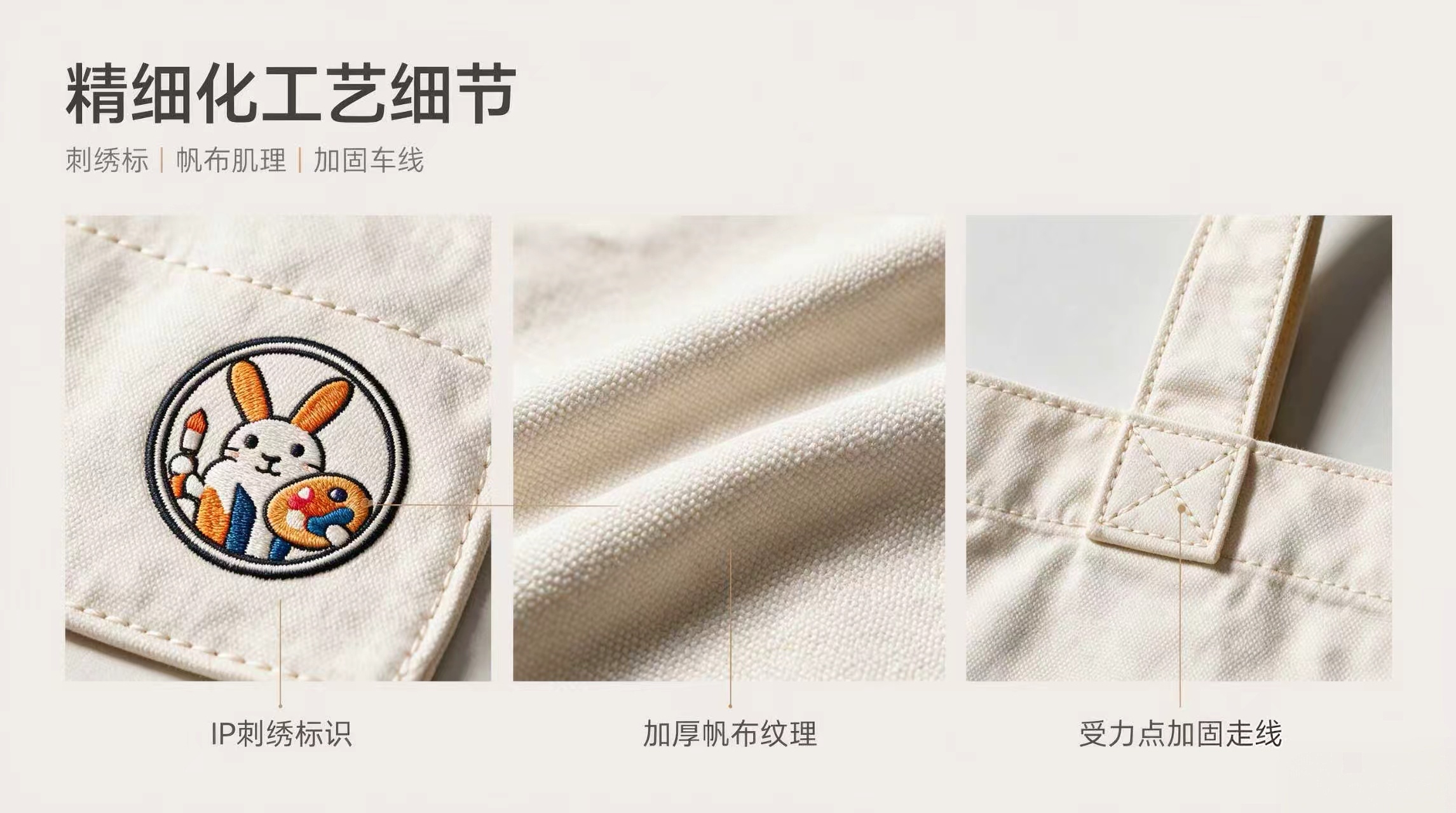像素兔IP刺绣LOGO特写、帆布面料肌理、加固车线、提手工艺细节