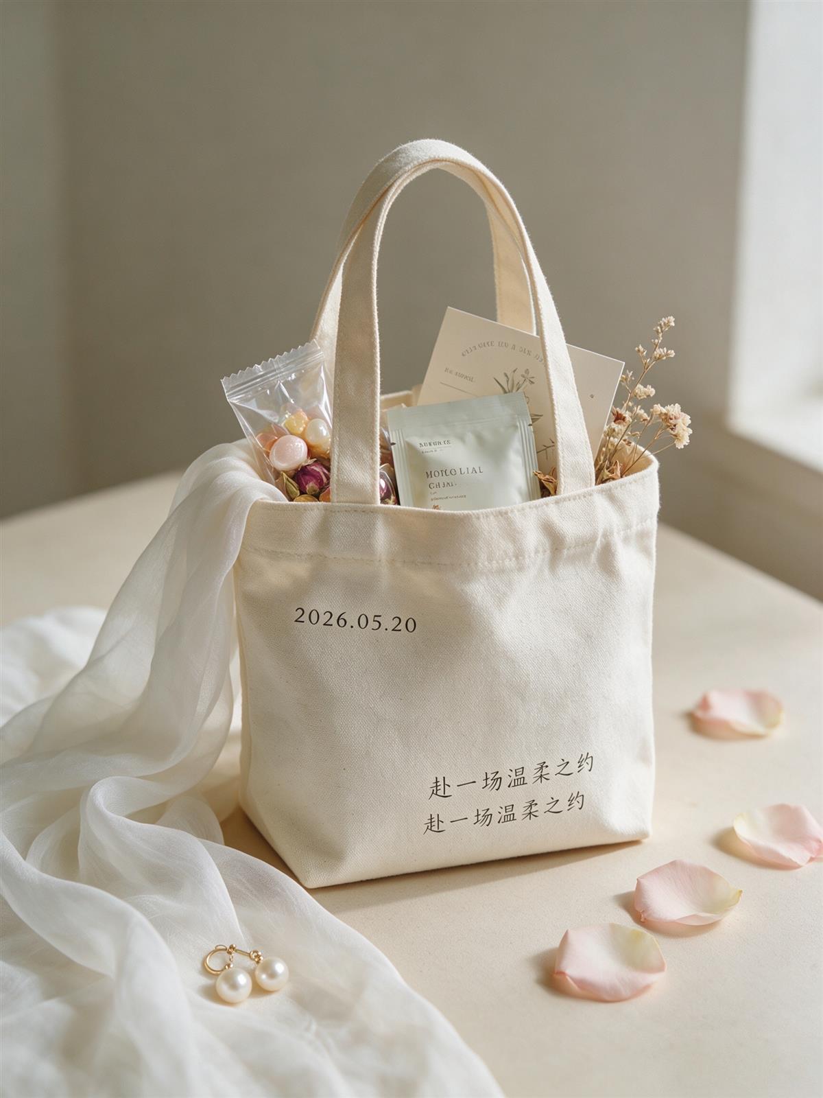 定制帆布袋搭配喜糖、花茶、香薰,伴手礼高级感翻倍