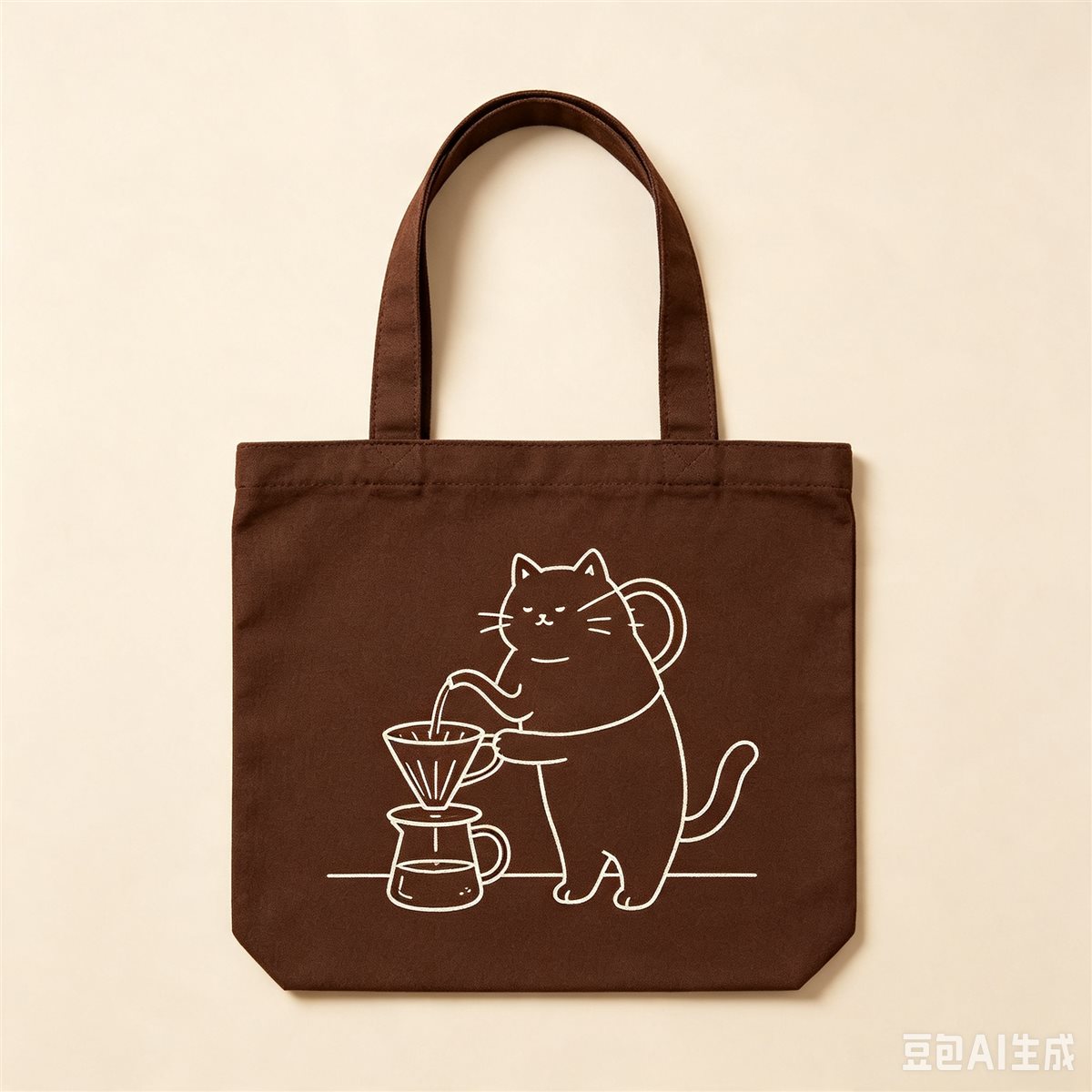 用豆包生成的咖啡猫咪帆布袋设计效果图