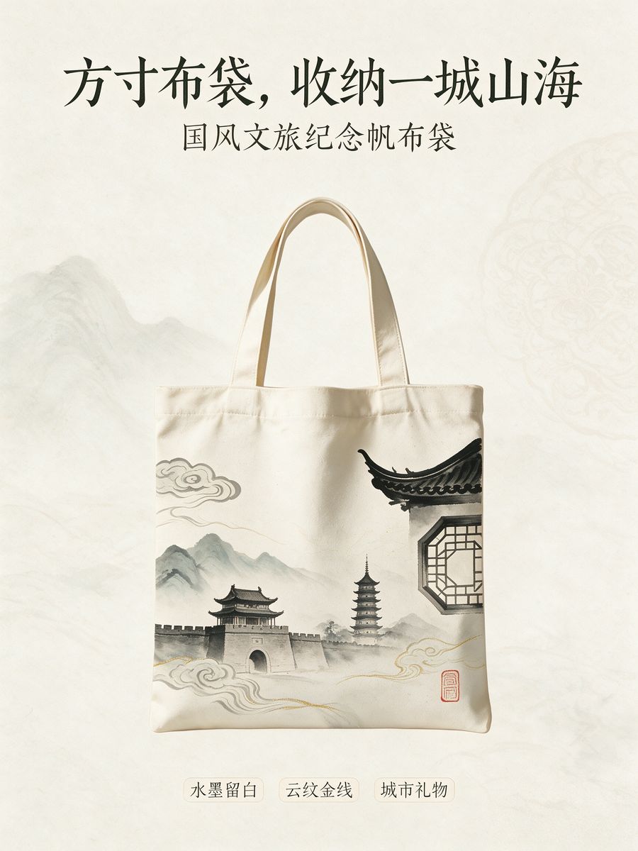 国风水墨云纹金线帆布袋