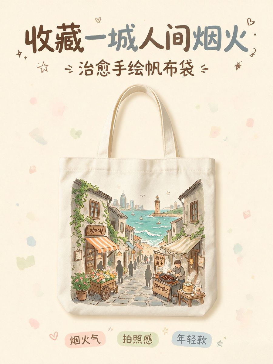 治愈手绘烟火风帆布袋