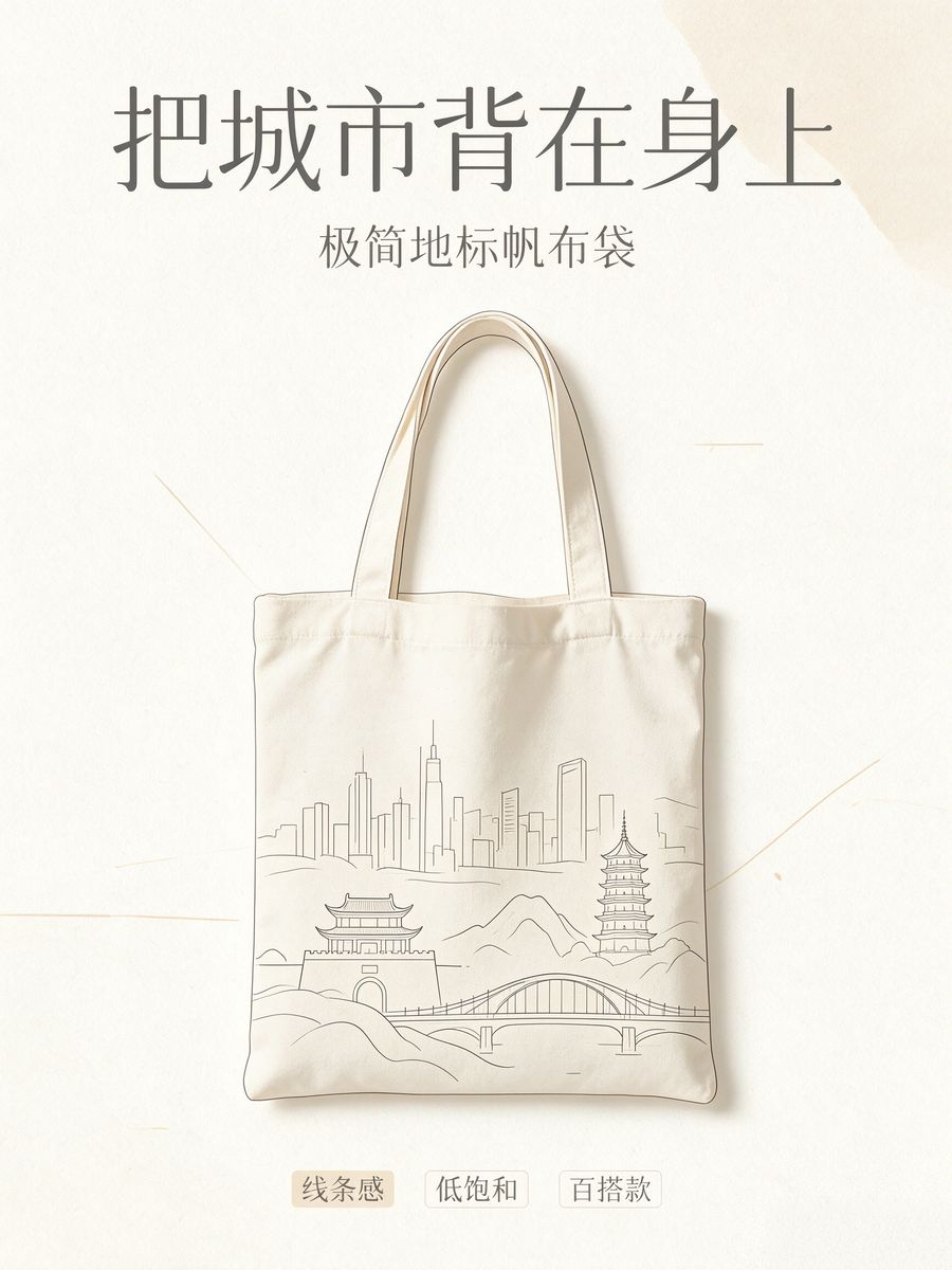 极简线条地标风帆布袋设计